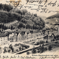 Calw,-Höhere-Handelsschule-mit-neuer-Brücke,-Poststempel-1907